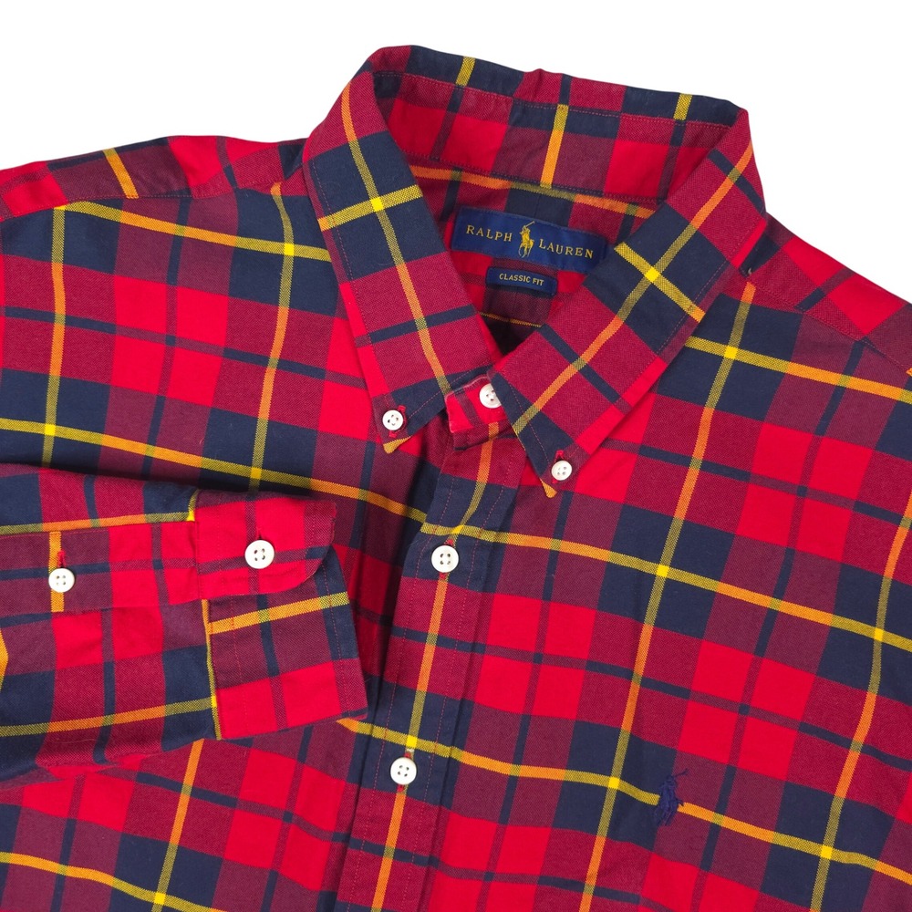 Ralph Lauren Button Down Shirt Mens XL Red Plaid Classic Fit Cotton Long Sleeve